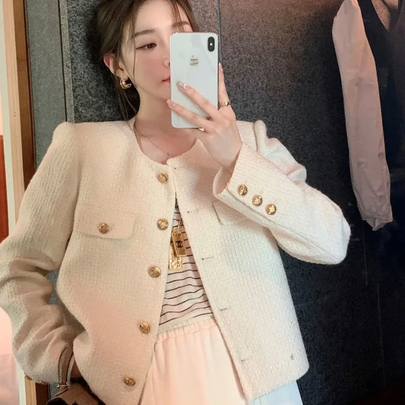 

2024 Spring and Autumn New Korean Style High end Elegant Style Long sleeved Top Solid Color Round Neck Short Coat