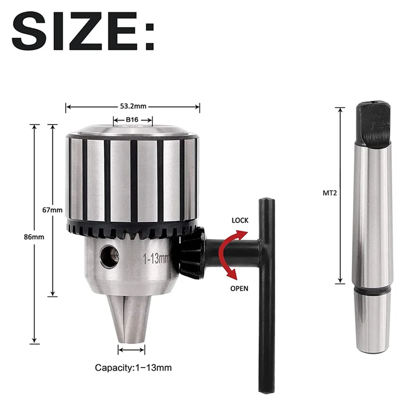 A88E-2X Chuck Bor Tugas Berat Kapasitas 1/2 Inci dengan Tempat Alat MT2 Morse Taper 2 dan Kunci K32 (MT2-B16 -13Mm)