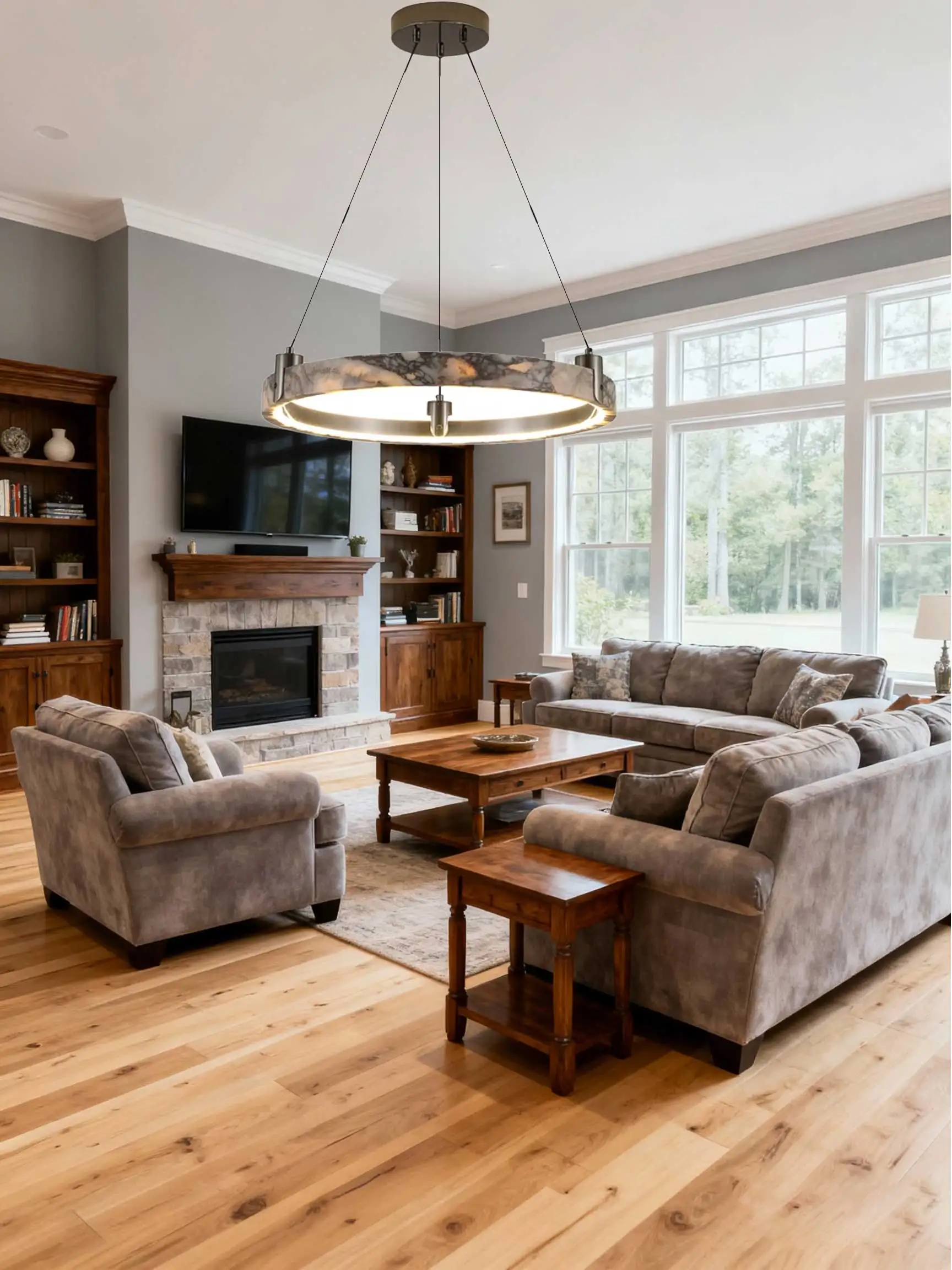 

Dimmable LED Ring Chandelier with Natural Marble Stone for Living Room Hanging Lighting Lustre Suspension Luminaire