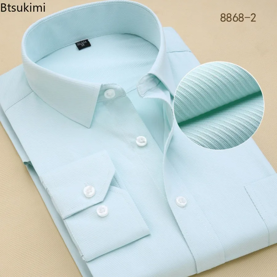 Plus Size Men's High Quality Dress Shirts Solid Color Long Sleeve Slim Fit Business Formal Clothing Male Social White Shirt Tops