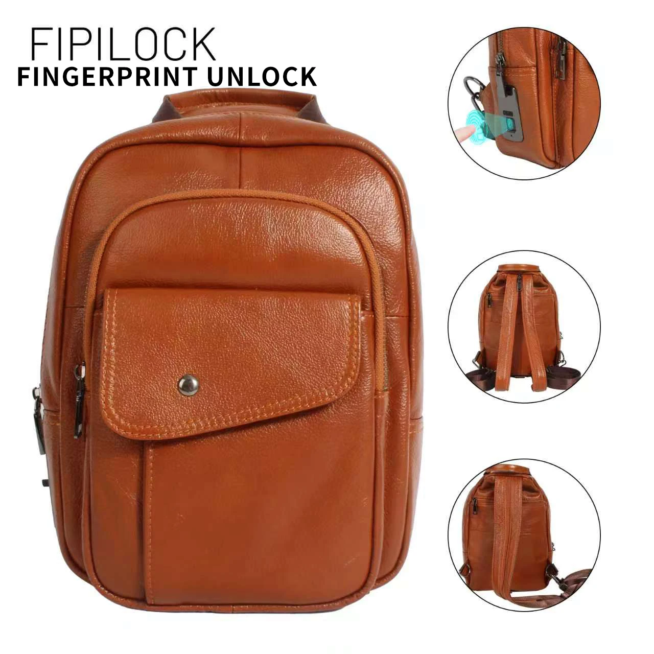 FIPILOCK Crossbody Bag Backpack Laptop 2in1 for Women and Men High Quality Genuine Leather with Smart Fingerprint Unlock Fishing