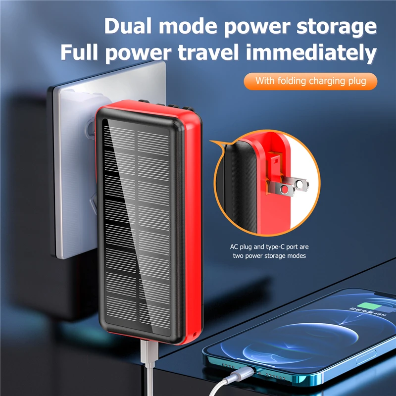 

22.5W Fast Charging Solar Power Bank 30000mAh for iPhone 15 14 13 Huawei P30 Powerbank with Cable Light Plug Mobile Phone Holder