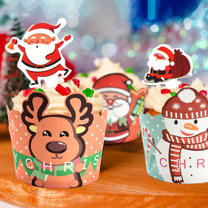 

10PCS Christmas Cupcake Wrapper Santa Claus Snowman Elk Cake Paper Cups Disposable Oven Air Fryer Baking Liner Xmas Party Decors