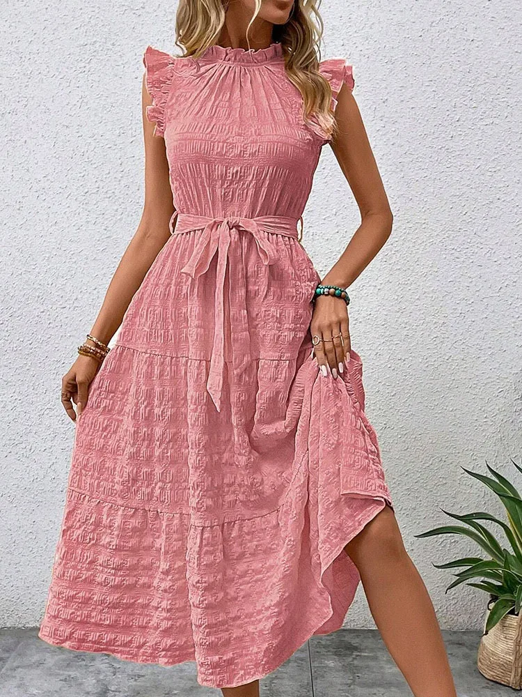 Women\'s New Summer Dress Fashion Elegant Ear-hem Flying Sleeves Lace-up Office Lady Midi Dresses For Women Robe Femme Vestidos