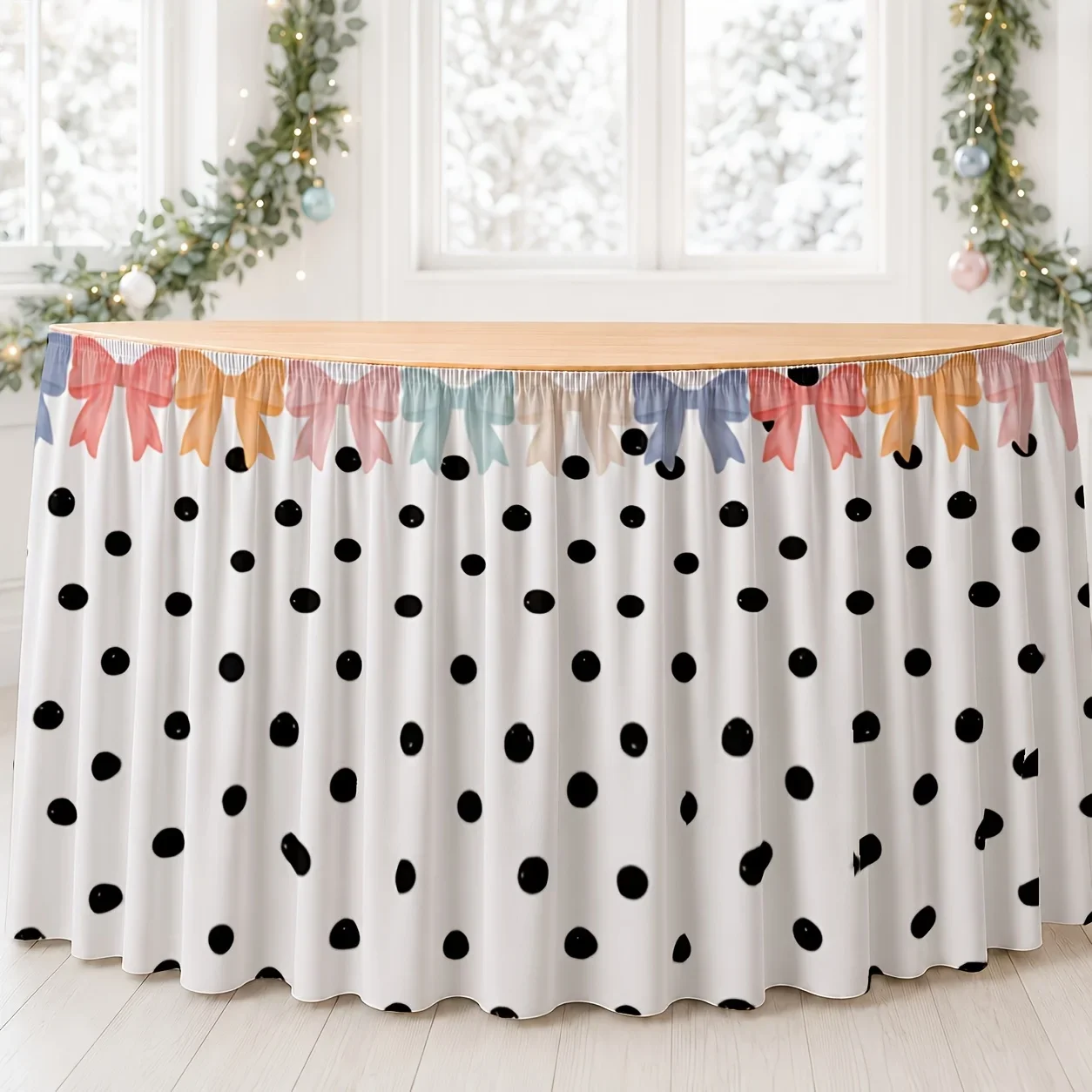 One table skirt. Printed polyester. Fun colorful polka dot and bow decoration. Suitable for dining tables, kitchens and offices.