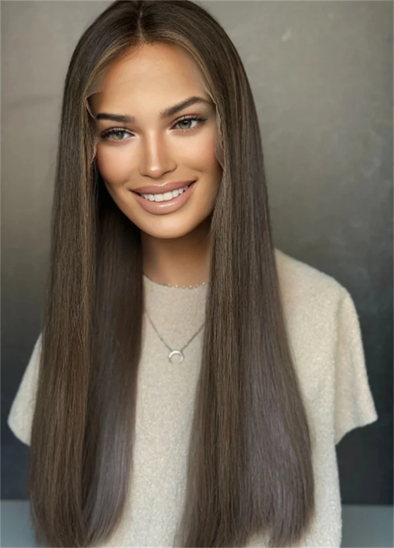 13x4 أومبير الكستناء البني تسليط الضوء على شعر مستعار لينة طويلة مستقيم شعر مستعار الاصطناعية الدانتيل الجبهة الباروكات للنساء الاصطناعية مقاومة للحرارة الباروكات #4