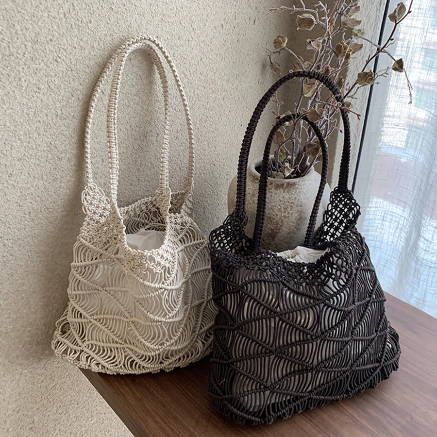 

Summer Beach Bag For Women Mesh Rope Knitted Bucket Shoulder Bags Reticulate Hollow Travel Shopper Totes Ladies Fashion Handbag
