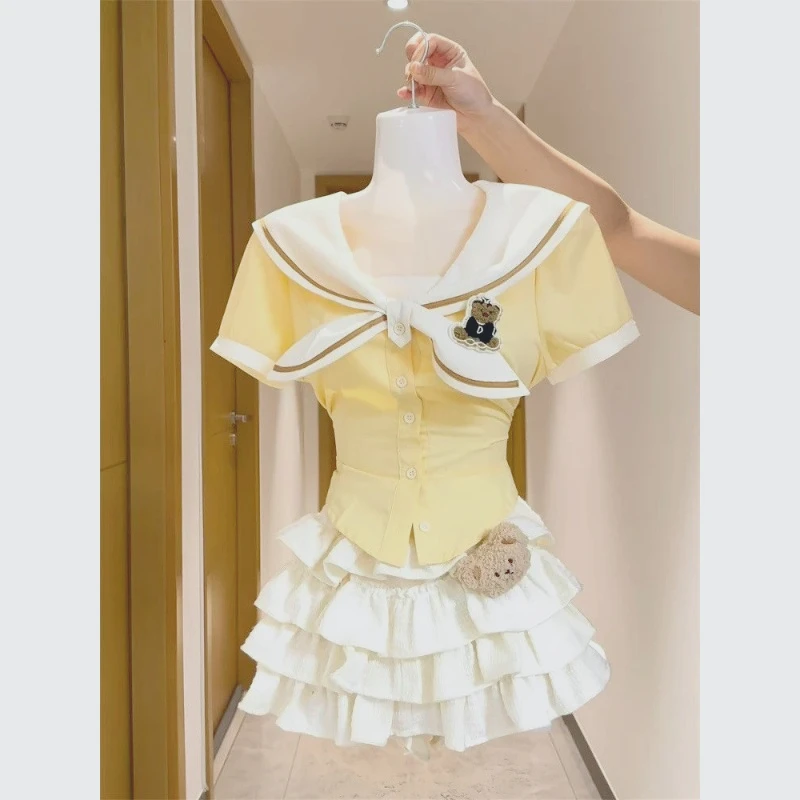 

2025 College Sweet Reduced Girls Navy Shirt Contrasting Summer Top Splicing Uniform Cake Skirt Two-piece Set Sissy Gay