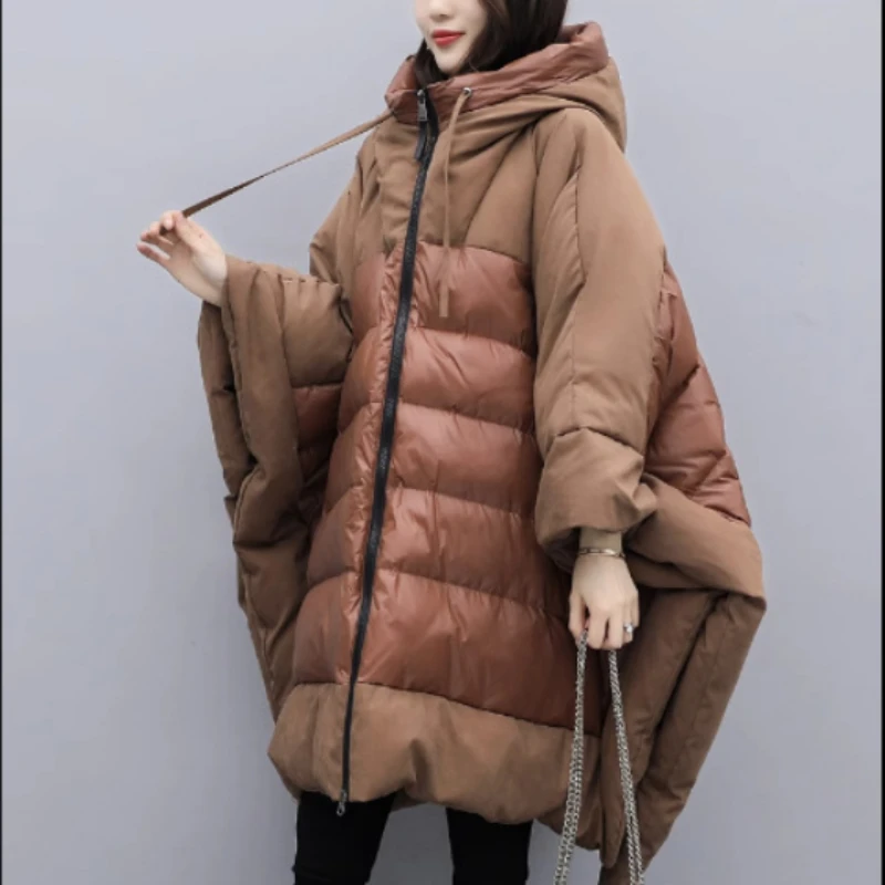 New Winter Women's Hooded Down Jackets Fashion Loose Bat Sleeve Cloak Coat Female Thick Warm Large Size Parkas Overcoat