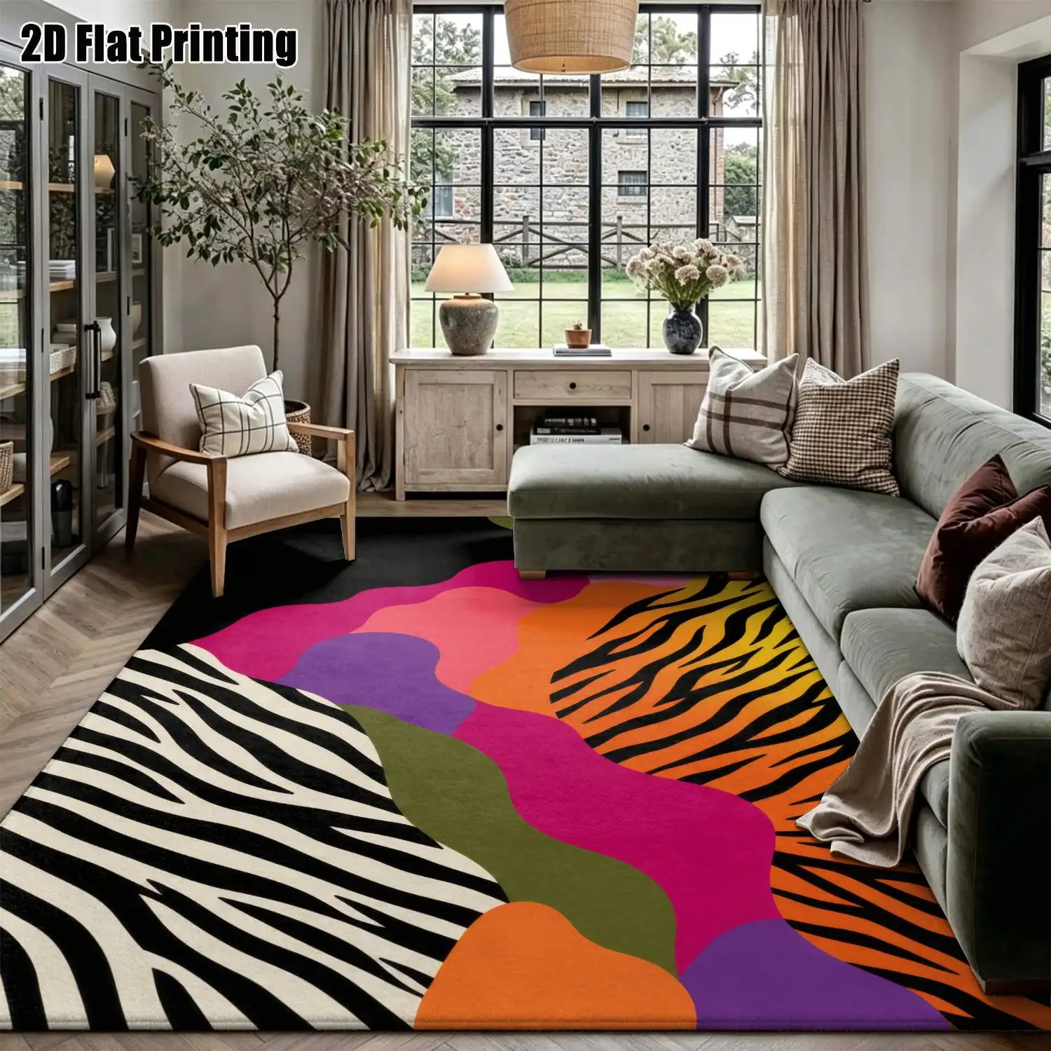 1Pc 2D Printed Carpet: Black Base, Colorful Abstract Stripe Pattern Nordic/Bohemian Modern Minimalist Style, Instagram-Inspired Floor Mat, Machine Washable, Multi-Size, Ideal for Entryway, Dining Room, Foyer, Bedroom, Living Room Home Decor.
