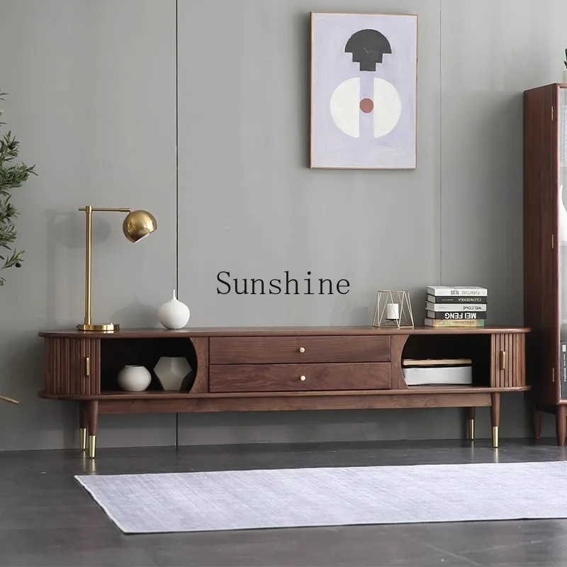 

Nordic black walnut solid wood TV cabinet arc modern minimalist style living room