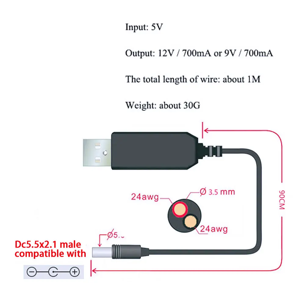 5.5*2.1mm WiFi to Powerbank Cable Connector DC 5V to 12V USB Cable Boost Converter Step-up Cord for Wifi Router Modem Fan