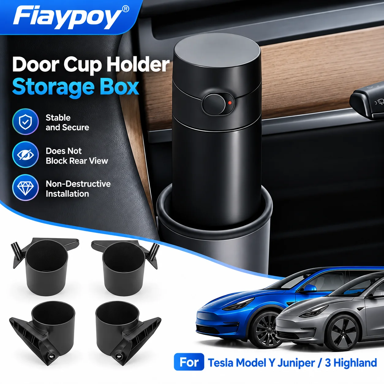 Fiaypoy 4PCS Car Door Cup Holder for Tesla Model 3 Highland / Y Juniper 2025 2026 Door Storage Box Water Bottle Holder Rack