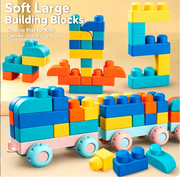Colle molle gros granulés patchwork bloc bébé bouilli grignoter bébé enseignement précoce avec roues Puzzle patchwork jouet