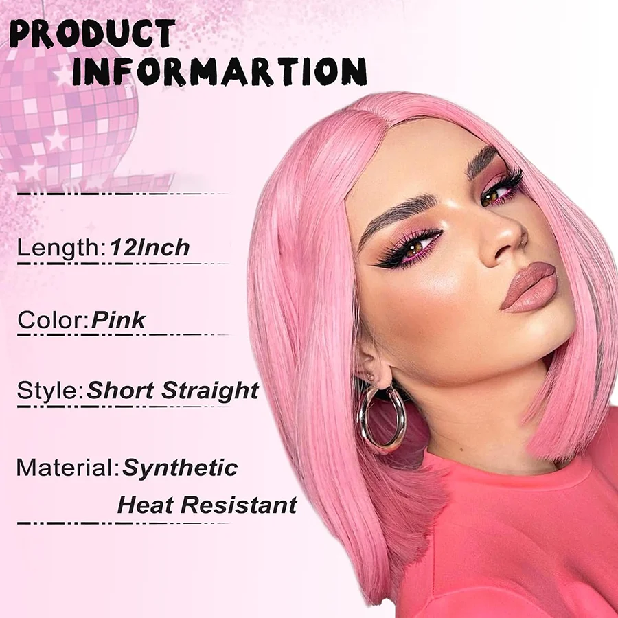 12inch Women Pink Middle Part Bob Synthetic Wig, Straight Short Bob Heat Resistant Fashion Cosplay Full Wig
