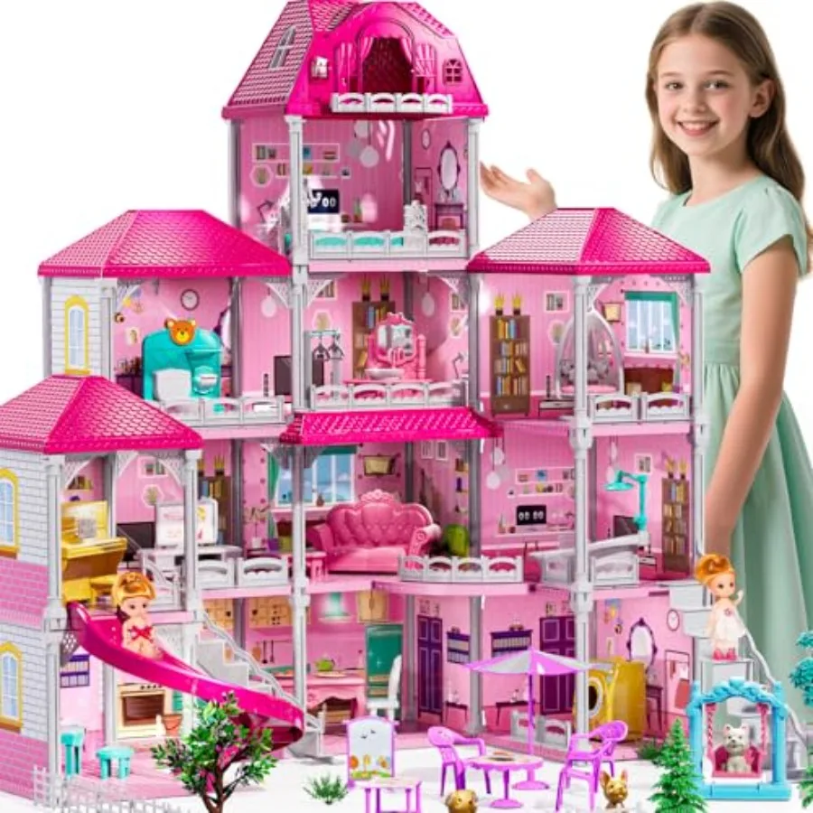 

4-этажный домик-вилла для девочек 3-7 лет с 2 куклами, 12 комнатами, мебелью и аксессуарами, игровой набор для ролевых игр в помещении