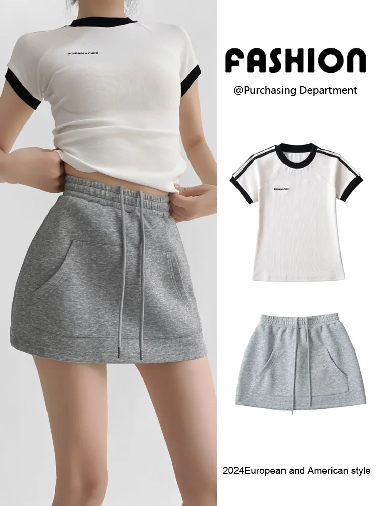 Nuevo conjunto de moda de verano para mujer, cseta de manga corta con cuello redondo y falda informal con cordón, conjunto...
