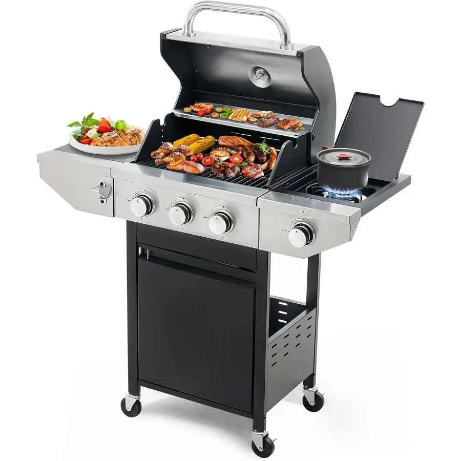 

3 Burner Propane Gas Grill with Side Burner Stainless Steel BBQ Grill 38 500 BTU for Outdoor Cooking Kitchen Garden and Patio B