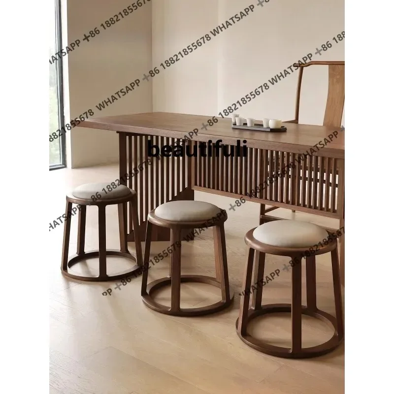 Black walnut, home solid wood leather soft bag low stool living room casual stool