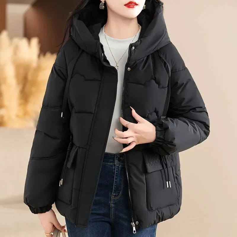 Jesienno-zimowa nowa krótka kurtka puchowa ocieplana watą, parki damskie, modna gruba ciepła kurtka watowana z kapturem, odzież wierzchnia, damska bluzka