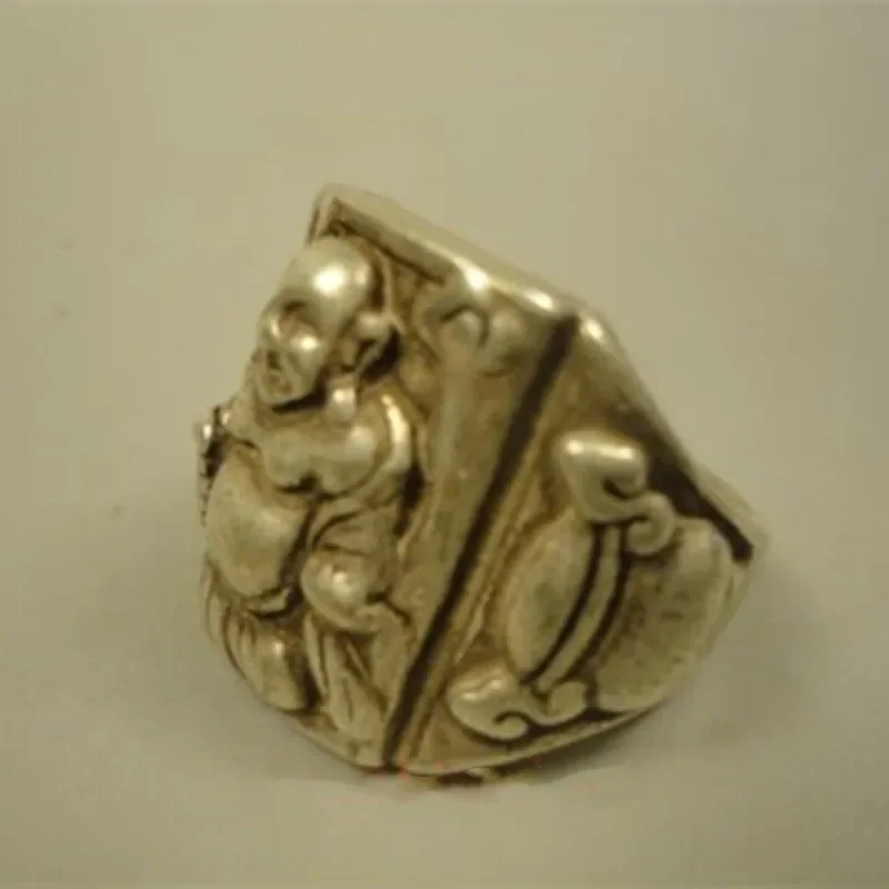 China Tibet Silver Hand-Made Happy Maitreya Buddha Statue Ring Decoration Gift