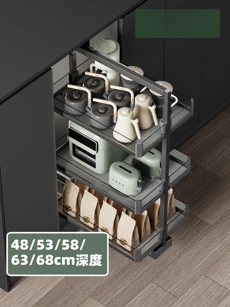 Kitchen cabinets raised and deepened, pull-out basket island table drawers, seasoning pull-out basket pots