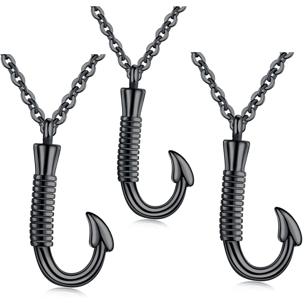 

3 piece Fishing Hook Urn Necklace for Ashes Fish Hook Stainless Steel Ash Keepsake Memorial Pendant for Men Cremation Jewelry