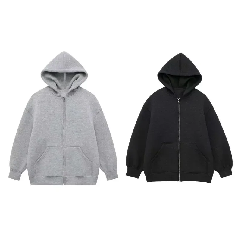 Autumn Winter Warm Long Gray Jacket With Hood Long Sleeve Big Pocket Zipper Jacket Coat Women Casual Outerwear Coat Tops