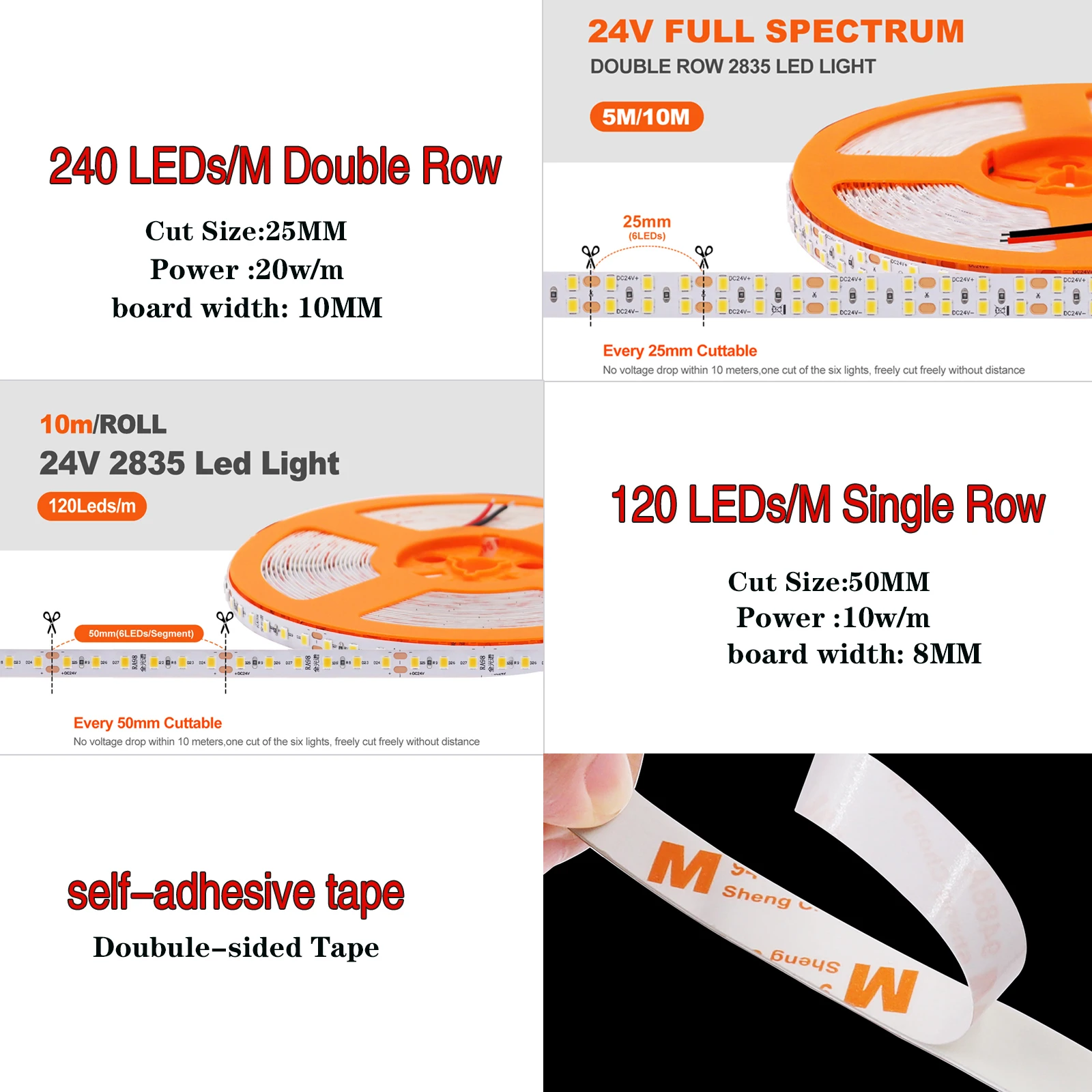 5m 10m 20M SMD2835 LED Strip Self Adhesive RA98 24V 120/240LED Super Bright Flexible LED Tape Ribbon 2700K-6000K Home Lighting