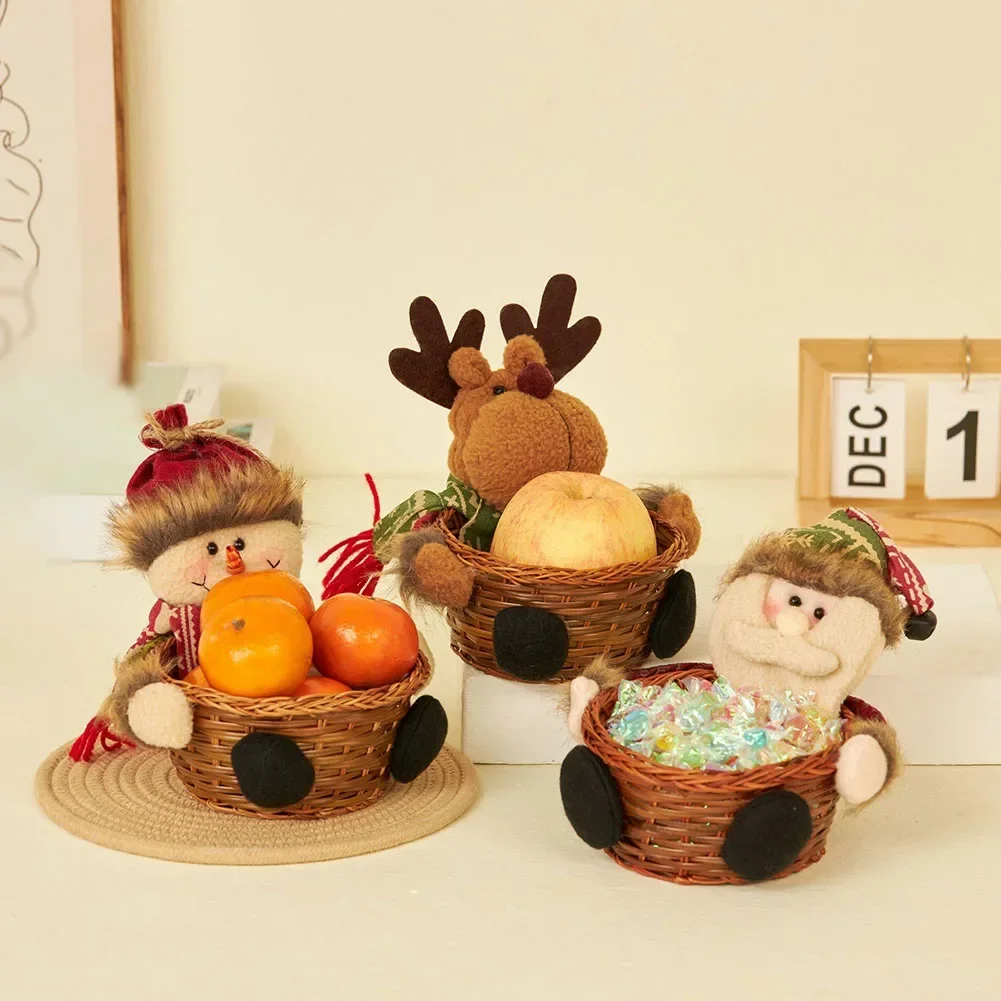 1pc cesta de doces de natal com boneca pano de natal + rattan lanche cestas de armazenamento de doces 17x8cm decoração de natal para casa