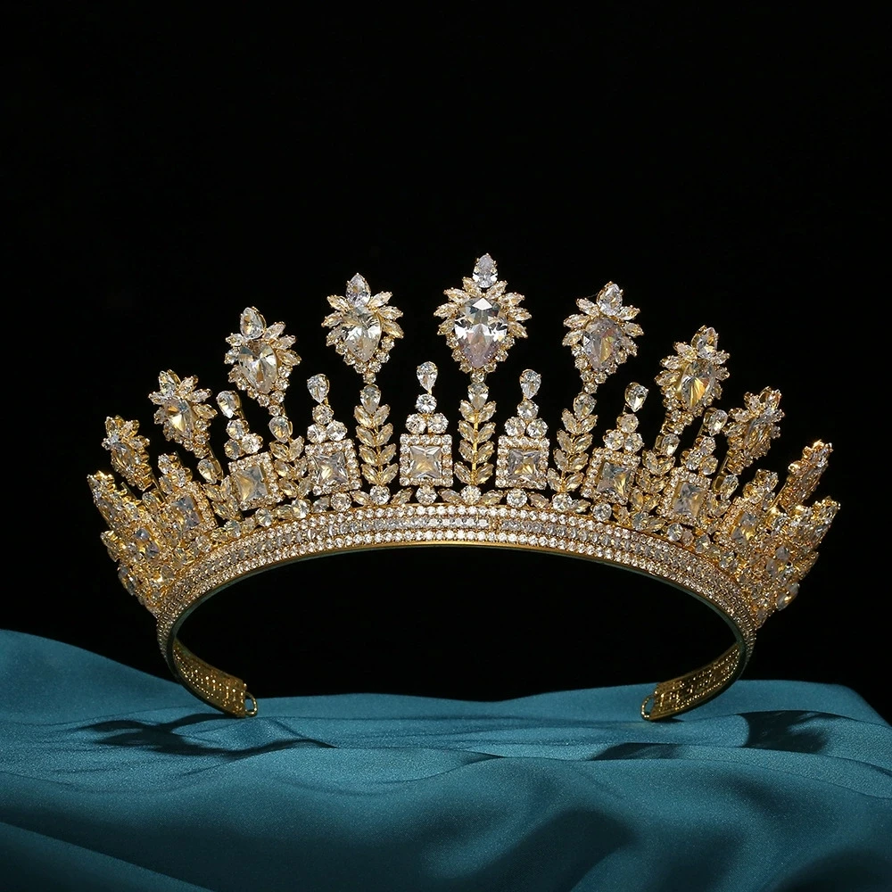 Golden Cubic Zirconia Grand Tiara Versatile European And American Style Bridal Hair Accessory for Wedding Dress