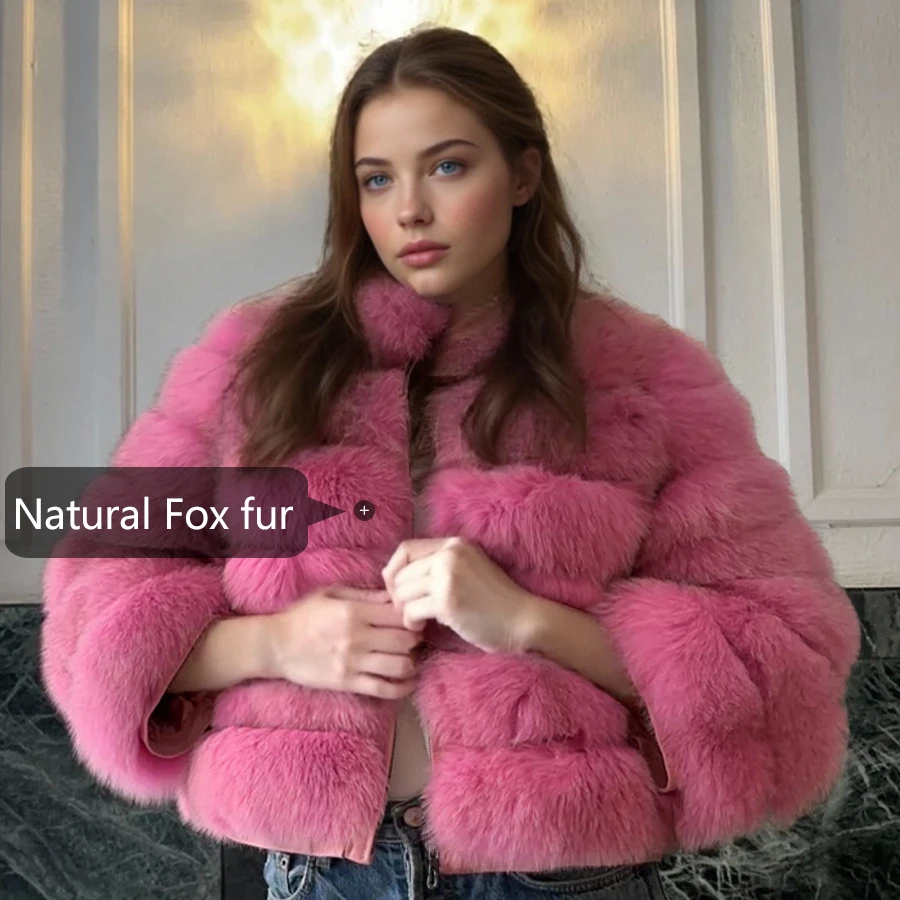 Cappotto di pelliccia di volpe rosa con colletto Giacca di pelliccia corta Giacca con cerniera in vera pelliccia di volpe Giacca corta di pelliccia naturale da donna più venduta