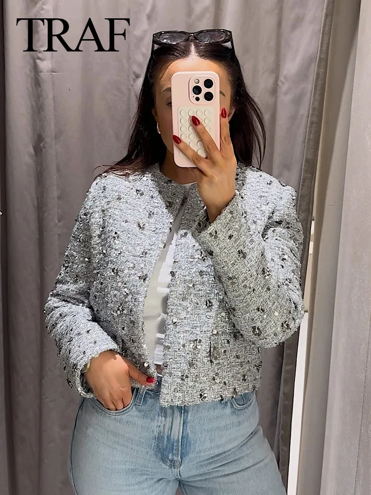 TRAF 2024 Woman\'s Fashion Spring Chic Sequins Short Coats Female Long Sleeves Fake Pocket Silver Sequins Decoration Women Jacket