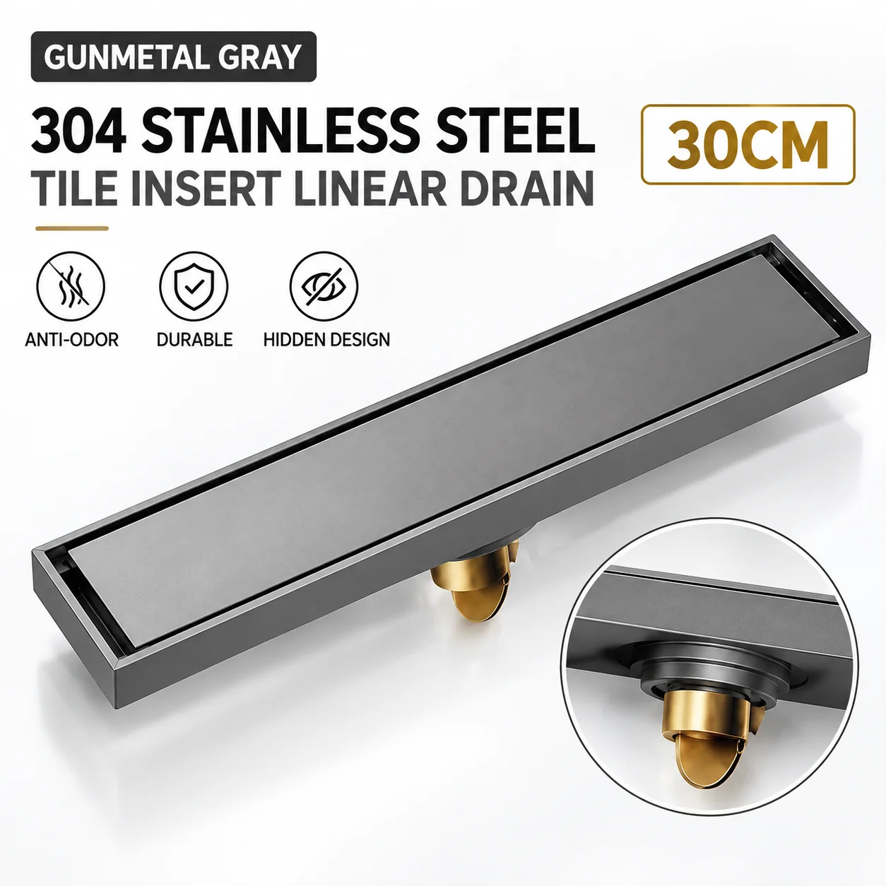30cm 304 Stainless Steel Linear Shower Floor Drain Gunmetal Gray Tile Insert Grate Anti Odor Bathroom Drainage Channel Cover
