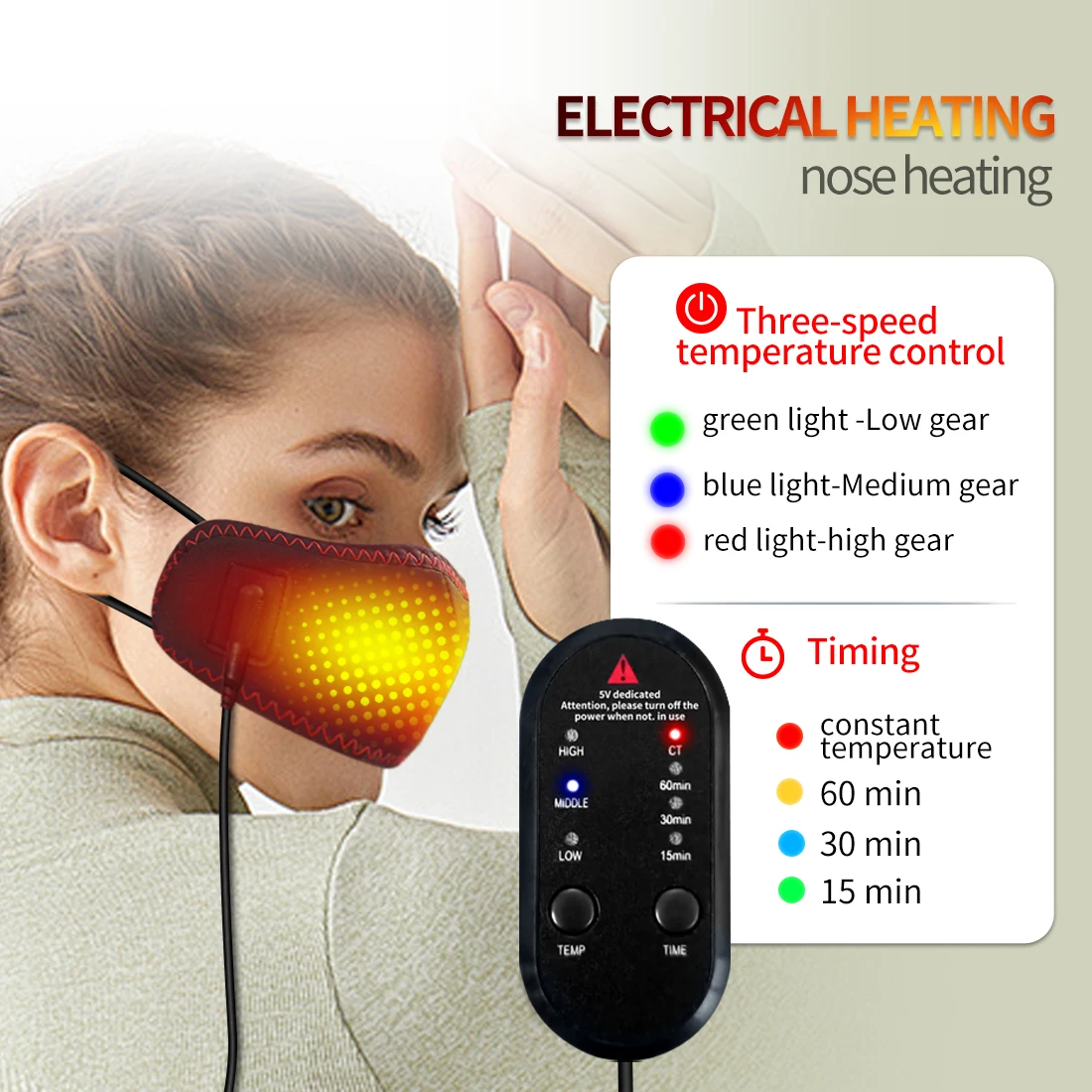 Electric Heating Nose Pad Winter Nose Warmer 3 Temperature Settings Hot Compress Face Cover for Stuffy Allergic Rhinitis