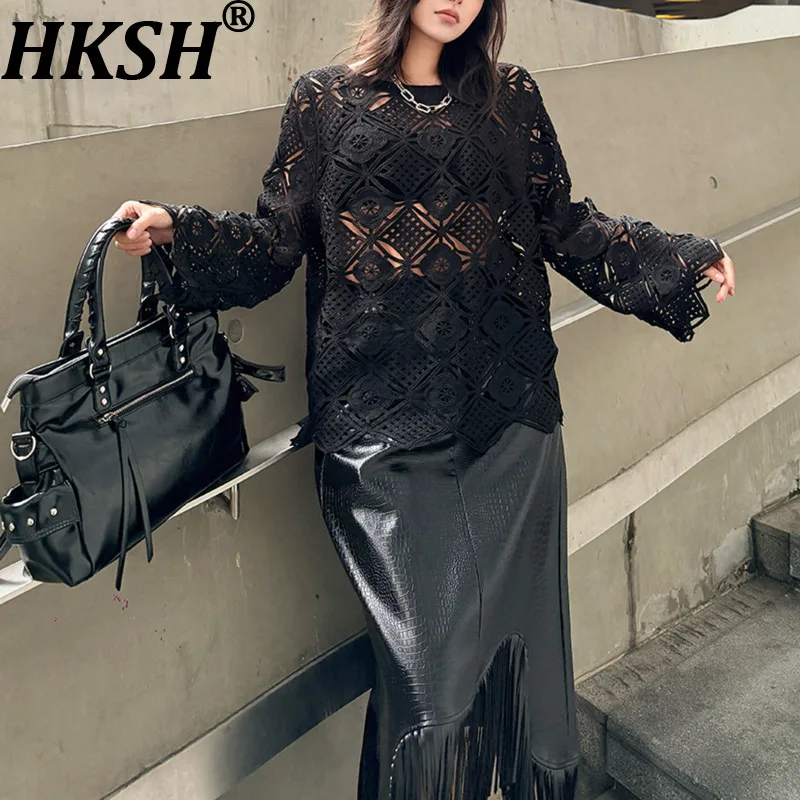 

Женская модная футболка HKSH с вырезами, прозрачная, с длинными рукавами, круглым вырезом, универсальная, сексуальная, облегающая, уличная одежда, топ, новинка весна-лето HK19701