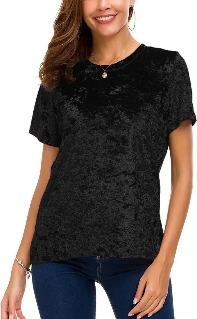 Damen-T-Shirt aus Crushed-Samt in Übergröße, kurzärmelig, Rundhalsausschnitt, lässiges, lockeres Oberteil – Detail 10