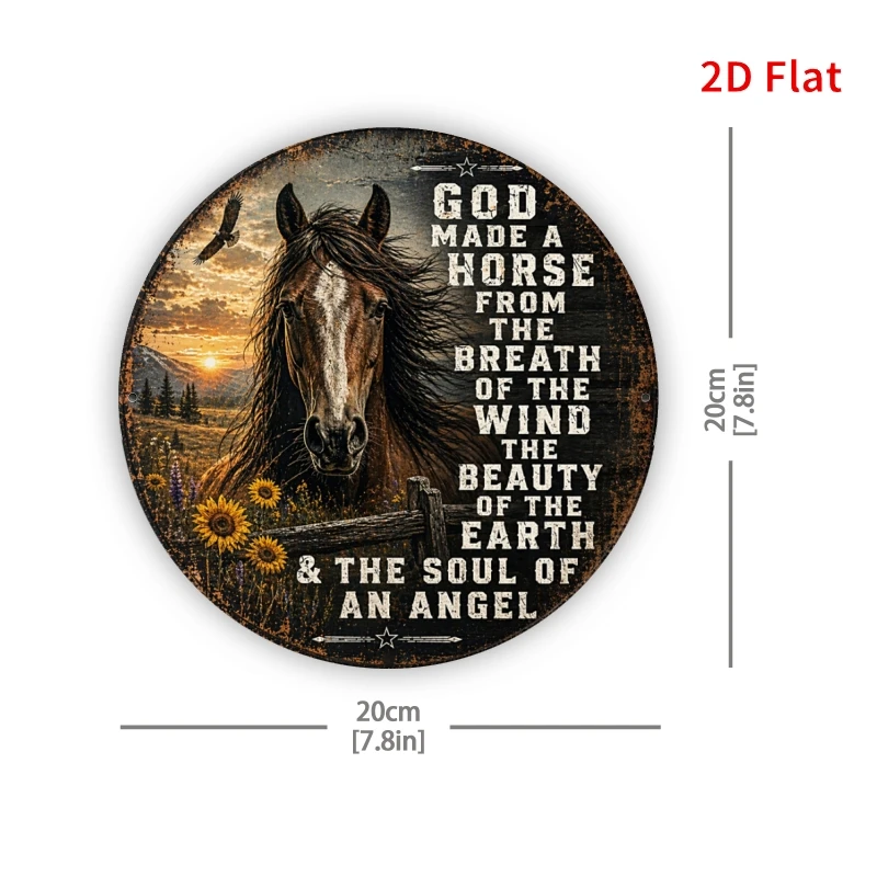 God Made A Horse Round Sign, Western Sunset Wall Decor, Vintage Equestrian Metal Sign for Horse Lovers, 2D Flat