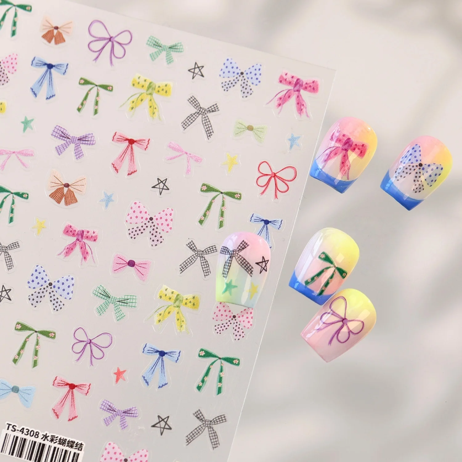 Watercolor Multicolor Bow 5D Nail Stickers Four Point Star French Decals Gentle Romantic Self Adhesive DIY Manicure Art Decor
