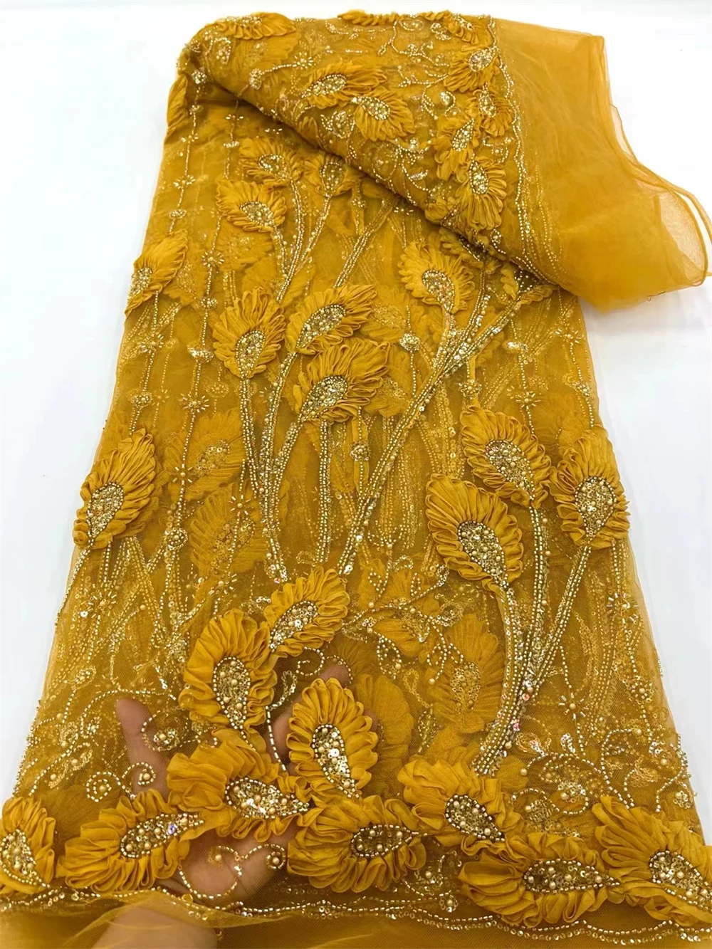 5 Yards Latest African Sequins Lace Fabric 2024 High Quality Embroidery Beaded Mesh Fabric For Women Wedding Party Dress Sewing