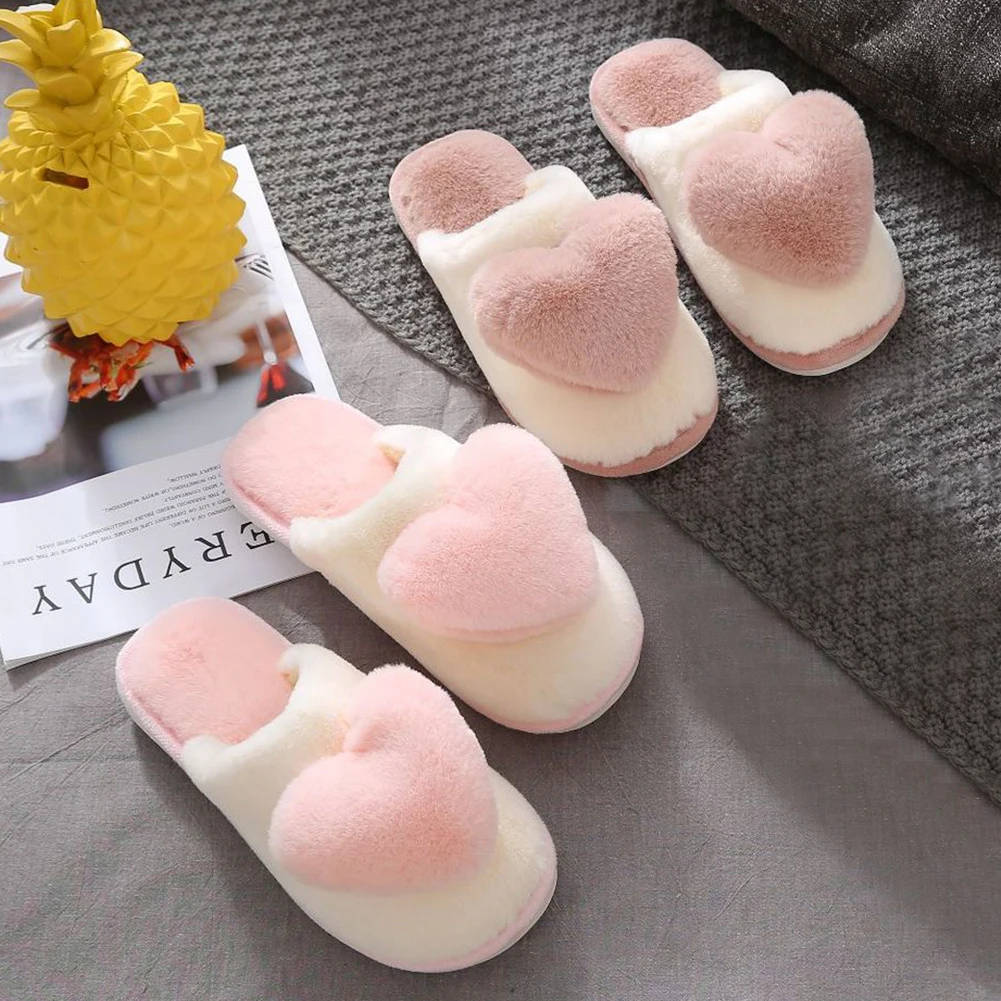 Cute Big Heart Popular Plush Slippers for Women Fluffy Cozy Home Comfy Shoes for Ladies Cute Heart Pattern House Slippers