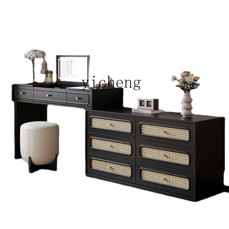 XL Dressing Table Chest of Six Drawers Integrated Tailstock Wall-Mounted Black Flip Makeup Table Mirror