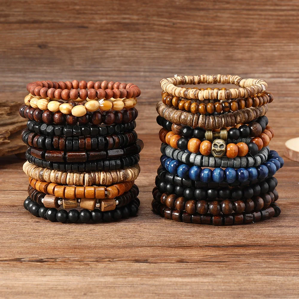 22 Pieces Set Vintage Style Bohemian Wooden Beaded Skull Dumbbell Charms Bracelets Fashionable Stacking