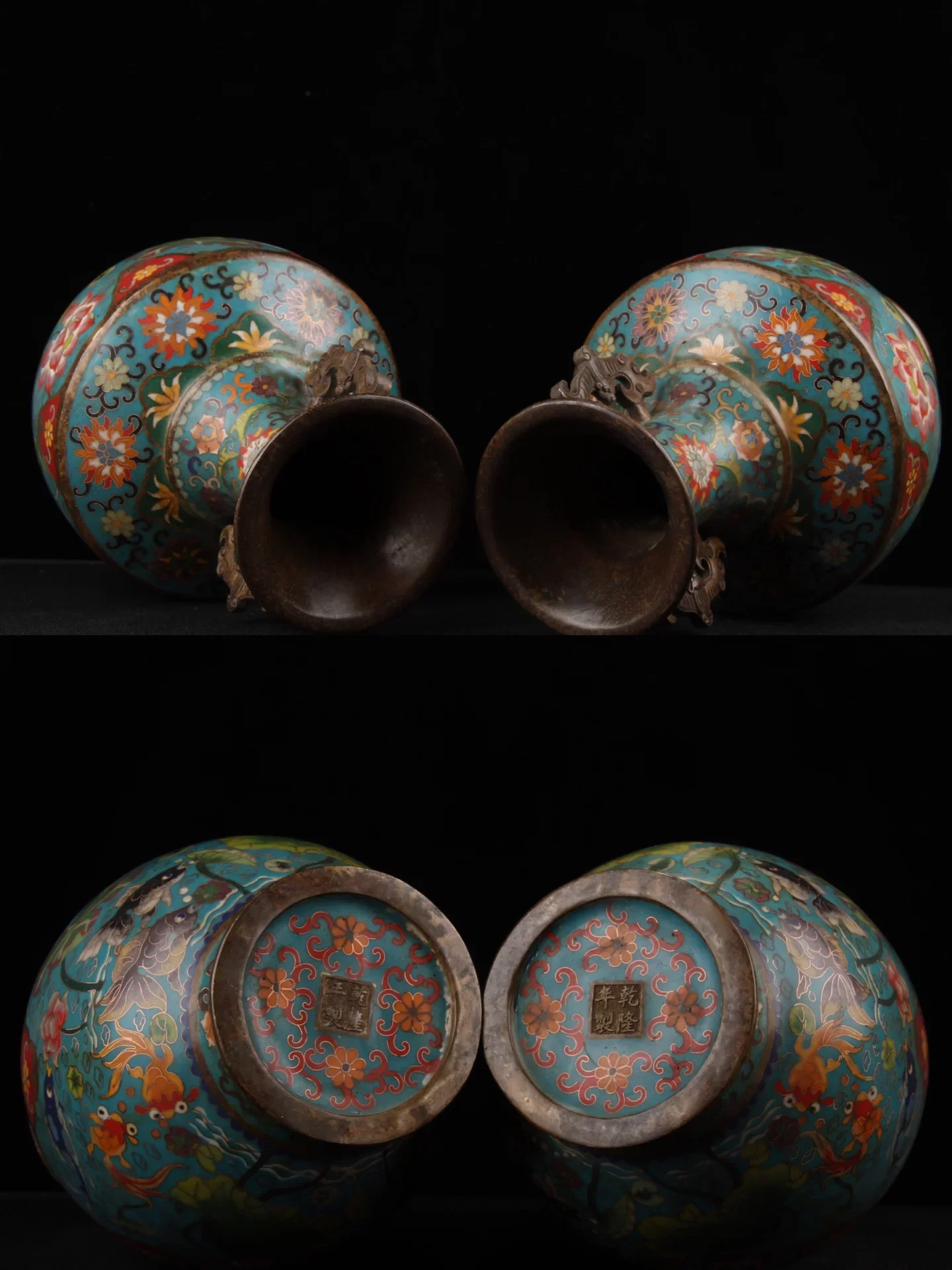 

13"Tibetan Temple Collection Old Purple Bronze Cloisonne Enamel Dragon Ear Fish pattern Vase a pair Gather fortune Town house