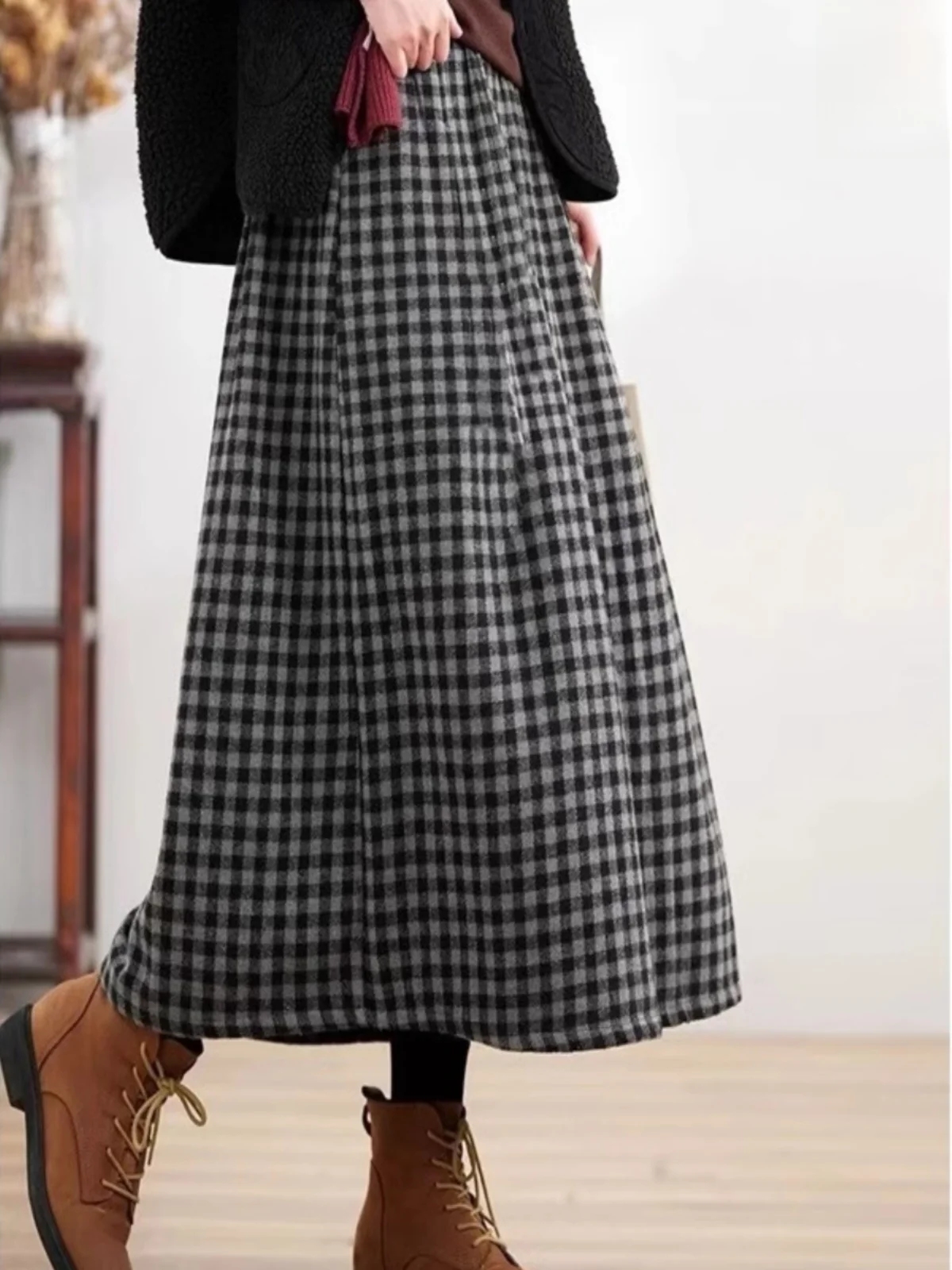 Bla en witte geruite A-lijn midi-rok dames winter vintage hoge taille afslankrok casual en peer body pe