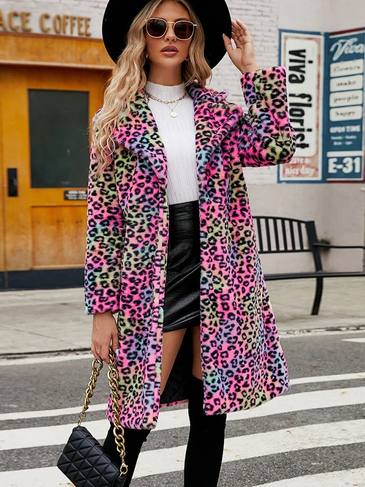 Winter Women\'s Warm Faux Fur Long Coat Leopard Leisure Women Shaggy Fur Long Jackets Thick Fluffy Luxury Bontjas Outerwear 2023