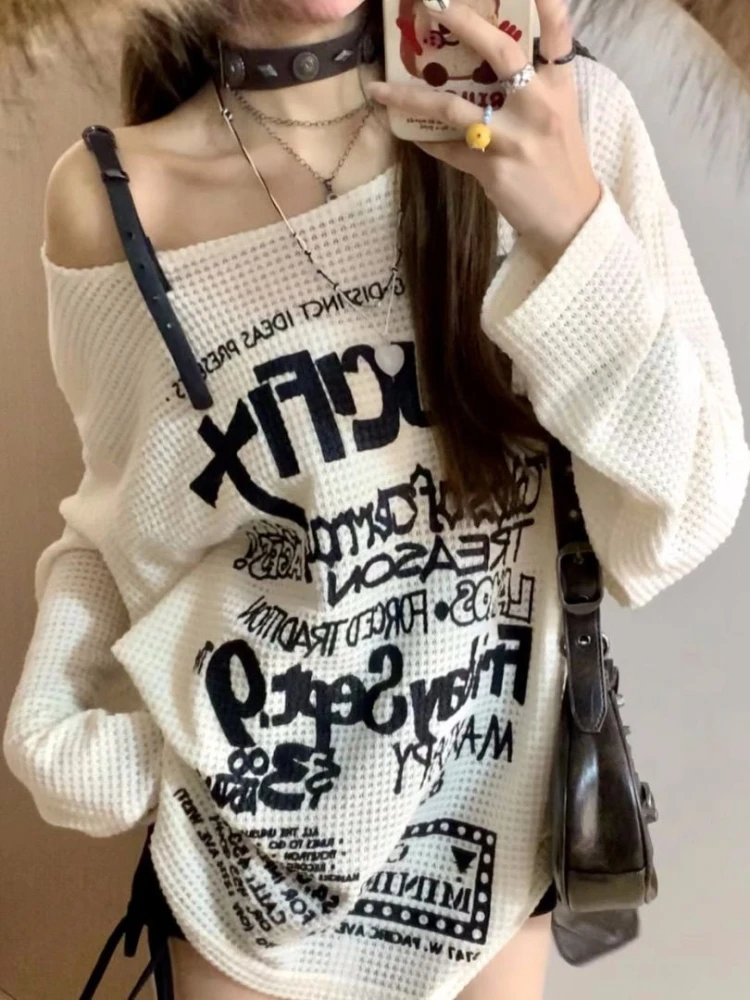 

QWEEK Grunge Gorhic Harajuku Goth Streetwear T-shirt Women Y2k American Retro Loose Off Shoulder Oversized Tees Top 2024 Fashion