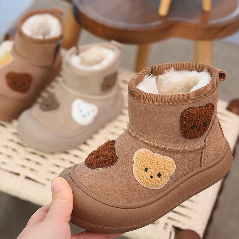 

Girls' Snow Boots, Genuine Leather, Boys' Cotton Boots, 2025 Winter New Arrival, Little Bear and Plush Children's Shoes, Thickened