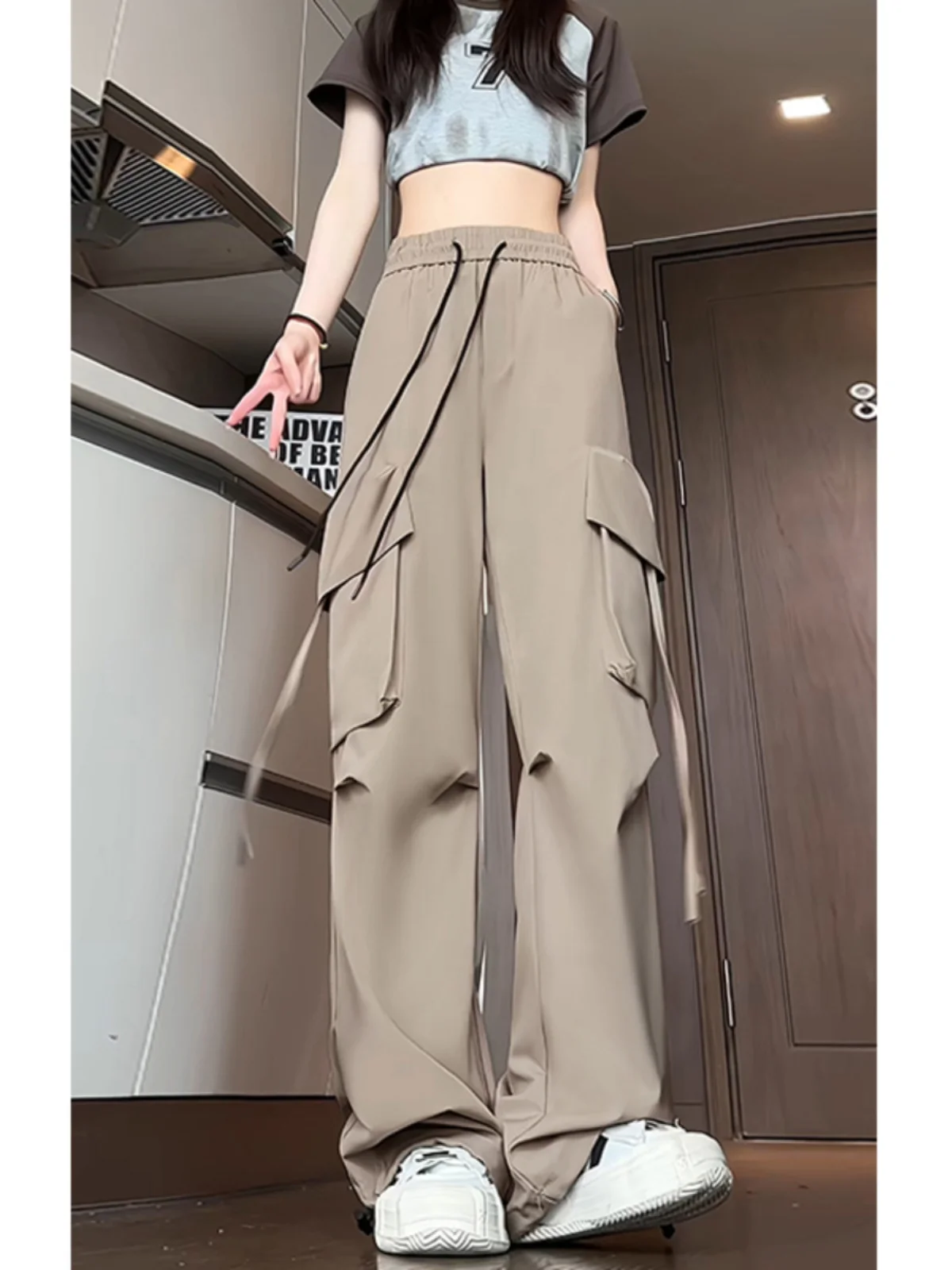 

Мужские летние брюки-карго цвета хаки из ледяного шелка с плиссировкой, функциональные, для активного отдыха, в стиле милитари