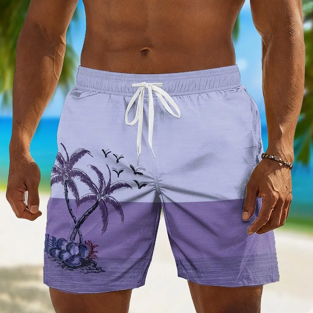 Men's Bird Coconut Tree Print Drawstring Waist Shorts, Hawaiian Style For Spring Summer Beach Vacation Daily Casual Wear